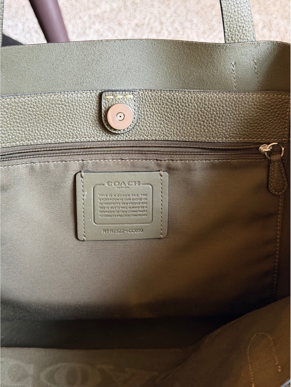 Coach Olive Green Pebbled Leather Tote Bag - Picture 6 of 8